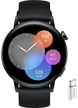 HUAWEI Watch Gt 3 Smartwatch, Batteria Di Lunga Durata, Monitoraggio Spo2, Ai Running Coach, Monitoraggio Frequenza Cardiaca, Oltre 100 Modalità Di Allenamento, con Adattatore Ap52, Nero, 42 Mm