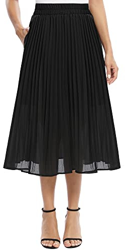 EXCHIC Women's Casual Chiffon Elastic Waist A-Line Pleated Swing Midi Skirt with Pockets (XL, Black)