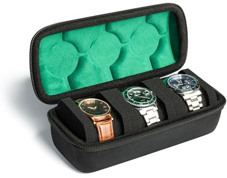 AUKURA Hard Watch Travel Case,3 slots Watch Roll Case Storage and Organizer for Men and Women, with anti-move watch pillow (Black 3slot with green lining)