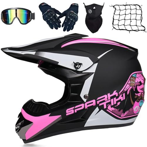 Casco Fuoristrada Casco da Motocross Off-Road per Uomo, Caschi da Moto Con Occhiali Guanti Face Mask Rete Del Casco, Casco Integrale Downhill MTB Dirt Bike Adatto per Adulti e Bambini,S-XL/52-59CM
