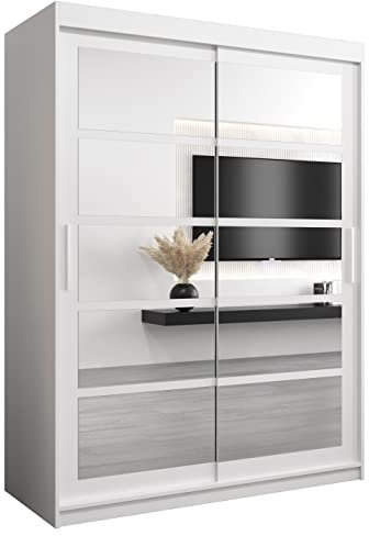 Kryspol Schwebetürenschrank Roma 2 150 cm mit Spiegel Kleiderschrank mit Kleiderstange und Einlegeboden Schlafzimmer- Wohnzimmerschrank Schiebetüren (Weiß)