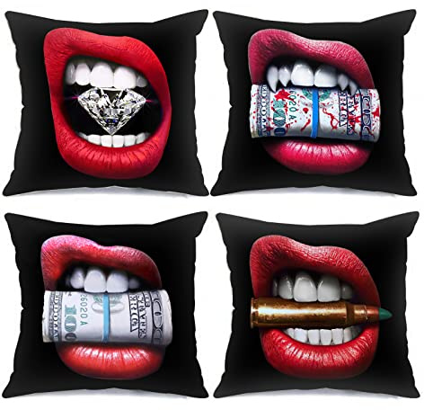 Tucocoo Lot de 4 Housses de Coussin décoratives à Motif de lèvres Rouges pour Femme Tendance Sexy avec des lèvres en Diamant pour canapé Voiture lit décoration d'intérieur