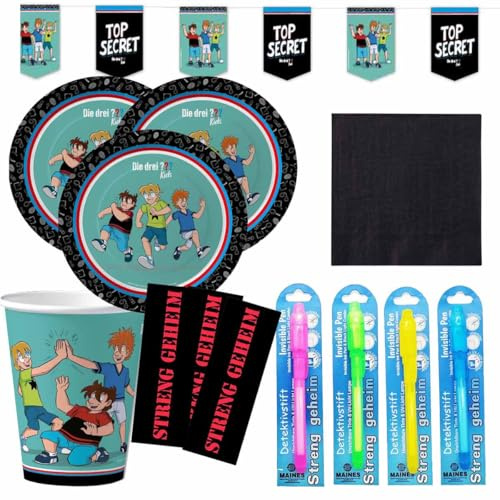 Partyset DREI ??? Kids mit 8 Geheimstiften und 10 Stickern Streng Geheim // DREI Fragezeichen Partyzubehör // Kindergeburtstag DREI Fragezeichen Kids