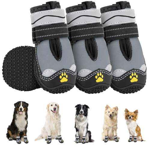 SlowTon Hundeschuhe Pfotenschutz, 4 Stück wasserdichte Hunde Schuhe Outdoor mit Rutschfester Sohle, reflektierendem Klettverschluss Hundestiefel für kleine mittlere große Hunde Winter(S-Grau, Size 2)