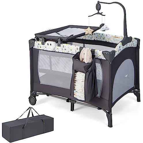 GOPLUS 4-i-1 resesäng, babysäng med skötdyna och förvaringsväska, resesäng med hängande leksak och musiklåda, lekhage med sidoväggar, sidoingångar, för 0–3 år (beige)