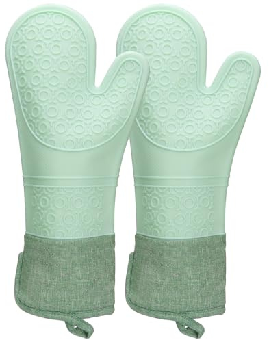LELE LIFE Extra Long 39cm Professional Oven Mitts, Heat Resistant Silicone Oven Mitt with Soft Quilted Liner, Non-Slip Oven Hot Mittens Gloves for Kitchen,Green