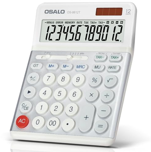 OSALO Taschenrechner Metall-Panels Standard Tischrechner 12-stelliger Steuerberechnung große Tasten LCD Disply Solar und Batterie Dual-Power Rechner für Büros (OS-8812T)