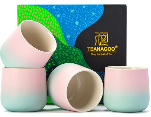 TEANAGOO Japanische Teetasse, 7,2Oz / 205 ml, Farbverlauf Rosa Grün, H11, 4 Stück/Karton, Japanische Tassen, Chinesische Teetassen, Asiatische Teetassen ohne Henkel, Teetasse Keramiktasse für Japaner