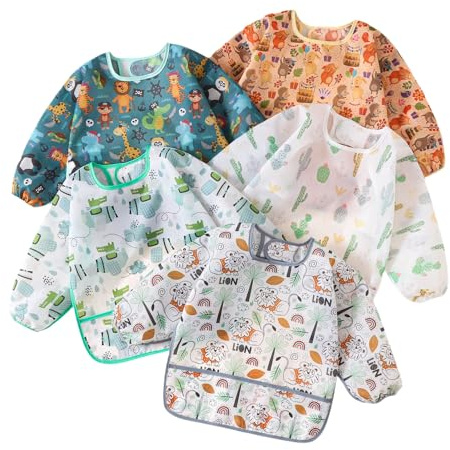 QinGuang 5pcs Long Sleeve Baby Bibs Painting Apron Slightly Waterproof Feeding Bibs for 6-30 Months