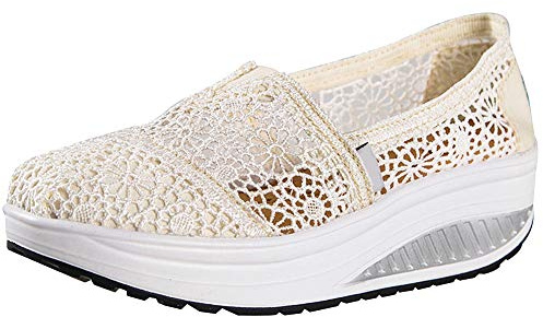 rismart Dam virkad spets slip-on kil träningsskor bekväma vardagliga promenadskor, BEIgE, 38.5 EU