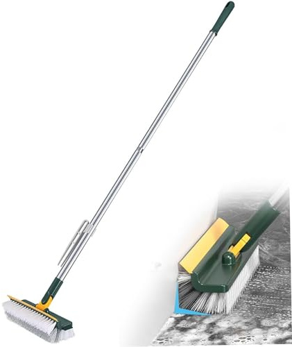 Floor Scrub Brush with Long Handle,Stiff Cleaning Brush,3 in 1 Scrape and Brush,Multifunction Stiff Bristle Floor Brush,for Cleaning Wall Corner Bathroom Garage Kitchen Wall Deck Tub Tile (Green)