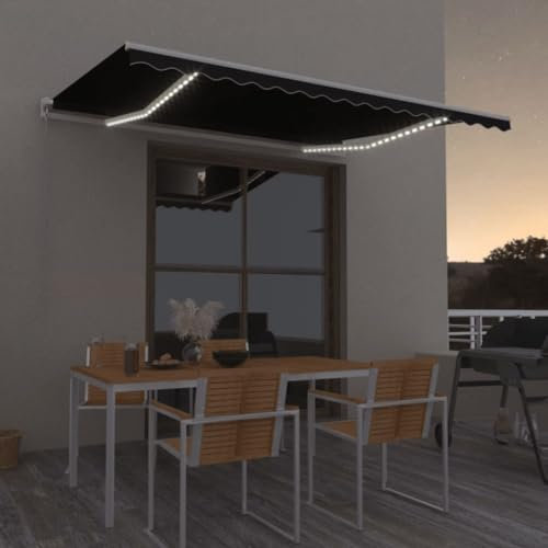Homgoday Markise Manuell Einziehbar mit LED Sonnenmarkise Balkonmarkise Sonnenmarkise Sonnenschutz, Höhen und Winkel Verstellbar Markise für Terrasse Balkon Fenster 400x300 cm Anthrazit