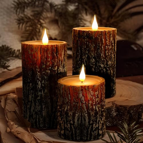 luzzup Pine Bark Candles Battery Operated - Tree Stump Christmas Flameless Candles(D3.15×H4 5 6), Pillar Candles with Real Wax Realistic Flame and Timer for Winter Patio Camping Decor
