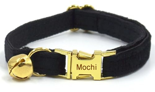 Personalisiertes Katzenhalsband mit Namensschild, verstellbares Samt Katzenhalsband mit Glocke, Haustier Halsband mit Name Telefonnummer Gravierte ID Tags (Black)