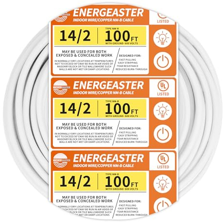 Energeaster Solid Indoor 14/2 W/G NMB Cable 100ft Coil，Electrical Wire 14 Gauge Wire 2 Conductors Non-Metallic with Ground Wire(White)