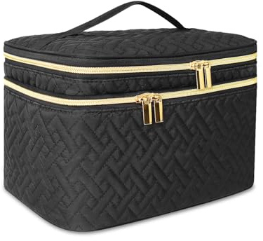 Loyzcy Makeup Bag Organiser for Women, Large Double Layer Cosmetic Make Up Bag with Brush Compartment, Portable and Water-Resistant Toiletry Bag Travel Essentials, Black