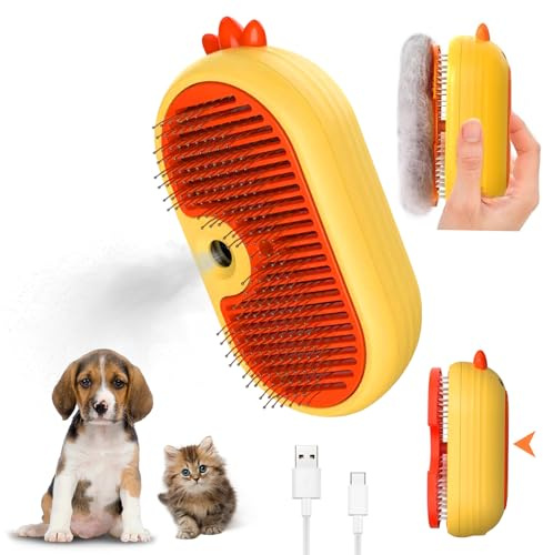 Steam Cat Brush with Release Button, 4 In 1Upgraded Multifunctional Cat Steamer Brush, Self Cleaning Pet Brush for Grooming Long Short Haired Dog Cats, Rabbit Remove Loose Fur and Undercoat (Yellow)