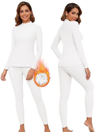 WOWENY Biancheria intima termica da donna in pile, set di biancheria intima da sci invernale, biancheria intima calda funzionale, parte superiore termica con colletto alto e pantaloni termici leggings