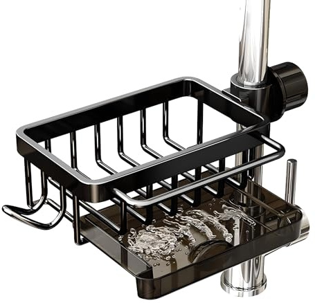 PengGengA Wasserhahn Lagerregal Küchenarmatur Schwammhalter Spülbecken Organizer Hängend Spüllappenhalter mit Abnehmbarer Abtropfschale Wasserhahn Ablauf Rack