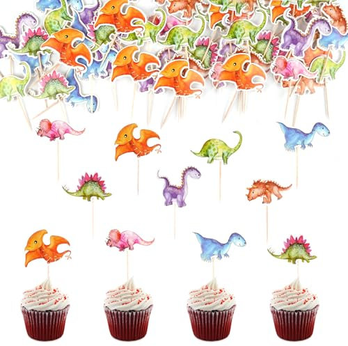 Pack of 42 Dinosaur Cupcake Toppers, Dino Birthday Decoration, Cake Decoration for Children, Theme Cake Decoration Topper for Muffin Decoration, Forest Animals