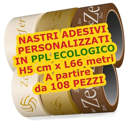 108 Rotoli Nastri Adesivi Personalizzati con Logo 66m x 5cm Ecologici in PPL Biodegradabile Nastro Imballaggio Bianco, Trasparente o Avana Stampa fino a 3 colori