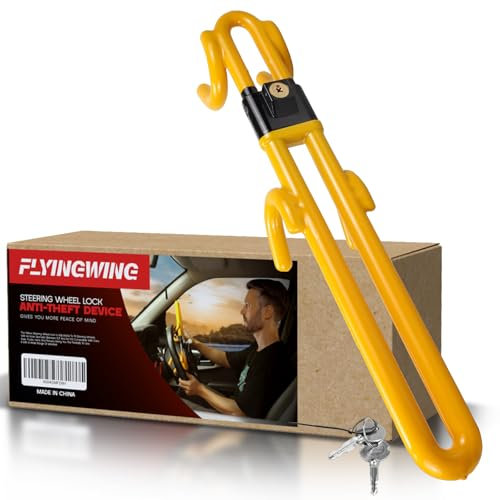 Steering Wheel Lock Anti-Theft Heavy Duty Secure Car Device, Adjustable Length Clamp Double Hook Locks for Auto/Truck/SUV Yellow