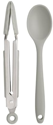 Wiltshire Silicone Mini Kitchen Tongs & Serving Spoon, Set of 2, Grey | Cooking Spoon & Serving Tongs, Salad BBQ Tongs Stainless Steel, Heat-Resistant Utensil, Non-Stick, Non-Scratch