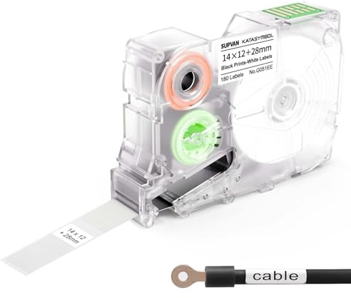 SUPVAN KATASYMBOL G15M Kabel Etikettband, Termiska Multifunktionsetiketter För Hem, Skola, Kontor, 14 mm x 12 mm + 28 mm,180 Etiketter/Rulle, Svart På Vit