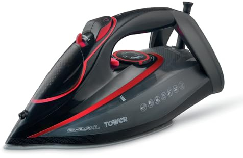 Tower Steam Iron 3100W, XL Soleplate 20% Larger for Faster Coverage, 200g Steam Boost for Fast Crease Removal, Ceramic Soleplate for Smooth Glide, 360ml Tank, Anti-Drip System, Red & Black (T22032RED)