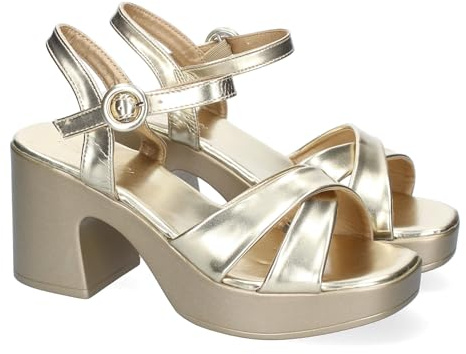 shoes&blues.es 91519 Sandalia de Tacon para Mujer Comodas y Elegantes, Diseno Moderno con Tiras Cruzadas en la Pala con Cierre de Hebilla, Ideales para Primavera-Verano. Oro Talla 37