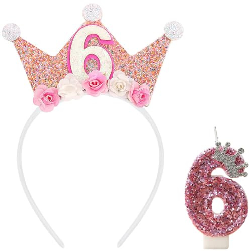 GGUFAY Set de Cumpleaños para 6 Años: Corona de Cumpleaños con Glitter y Flores, Velas de Cumpleaños Numéricas con Corona de Cristales