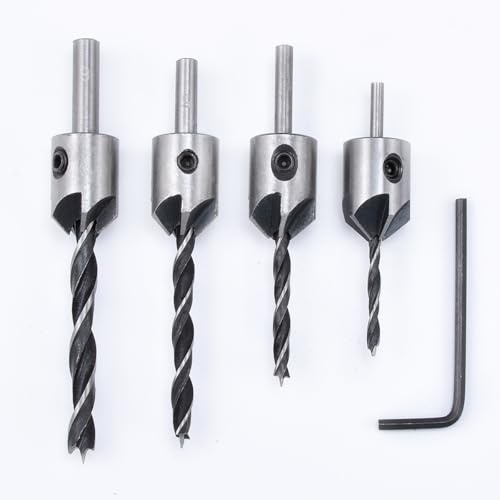 HOHXEN 4 Pzs Juego de Brocas Avellanadoras Tri-tip para Madera, 3-6mm, 1 Llave Hexagonal Pequeña, Adecuado para Taladradoras con Portabrocas o Acoplamientos