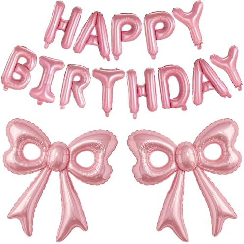 Pink Happy Birthday Balloons, 31”Huge Pink Bow Aluminum Foil Balloons for Girl Woman Birthday, Princess, Coquette Party Decorations Supplies
