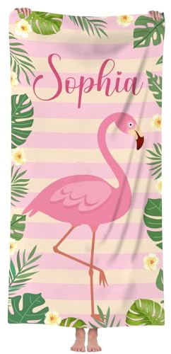 Solutra Personalisiert Strandtuch Badetuch mit Namen, Mikrofaser Handtuch Personalisiert Geschenke, Schnell Trocknendes Leichtes Strandhandtuch für Erwachsene Kinder(Flamingo)