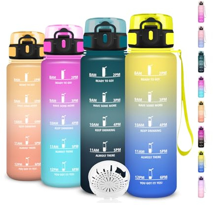 Grsta Trinkflasche, Trinkflasche 1l Kohlensäure Geeignet, Wasserflasche Auslaufsicher, Wasserflasche mit Zeitmarkierung und Uhrzeit, Leicht zu Reinigen, für Fitness, Schule, Büro, Fahhrad, Sport, Gym