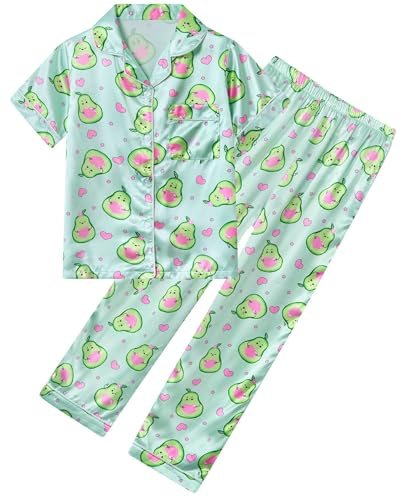 Fanient Girls Pyjamas Sets Avocado Printed Sleepwear Girl Silk Button-Down Pyjama Soft Lounge Set with Pockets 9-10 Years,10Y