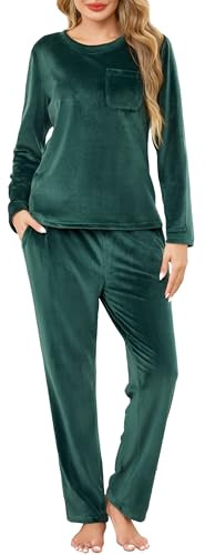 Lovasy Pigiama Donna in Pile Morbido Set Pigiama Invernale Caldo e Soffice Scollo Rotondo Pigiami Due Pezzi Maniche Lunghe con Tasche,A-Verde Scuro,XXL