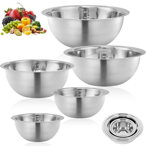 5Pcs Ciotole Mixaggio Acciaio Inossidabile con Segni Misura & Design Ergonomico, Bowl Risparmio Spazio Impilabili & Lavabili Lavastoviglie per Baking, Cottura, Insalate e Alimenti Conservazione