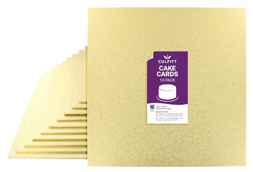 Culpitt 10 (25.5cm) Pale Gold Square Cake Cards - 10 Pack | 3mm Double-Thick, Ideal For Sponge Or Cupcakes, Gold Fern Finish, Made In The UK