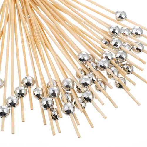 Bremorou 100 palillos de cóctel de madera con bola de discoteca plateada, 12 cm, palillos de dientes, palillos de frutas, pinchos para aperitivos desechables