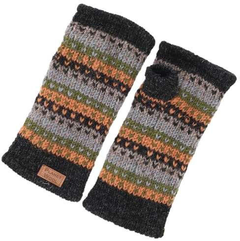 GURU SHOP Handstulpen, Handgestrickte Wollstulpen aus Nepal, Gemusterte Armstulpen, Pulswärmer - Grün, Herren/Damen, Synthetisch
