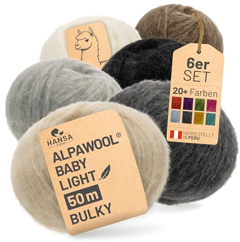 HANSA-FARM |Alpawool Baby Alpaka Light 50 Bulky im 6er Set - leichte und kratzfreie Wolle zum Stricken & Häkeln - Bunter Mix