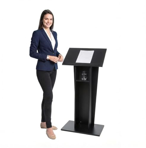 Metroplan Pedestal Wooden Lectern, Black Podium, Conference Stand with Concealed Shelf - Ideal for Reception, Wedding Venue, Training, Presentation, Assemblies