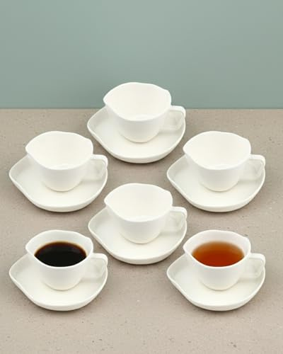 BAVARY Capital Juego De Tazas De Café Con Platillo - Juego De Café De Porcelana De 12 Piezas - 200 Ml - Diseño Ondulado Moderno - Oreja Angular - Tazas De Té Y Capuchino - Apto Para Lavavajillas