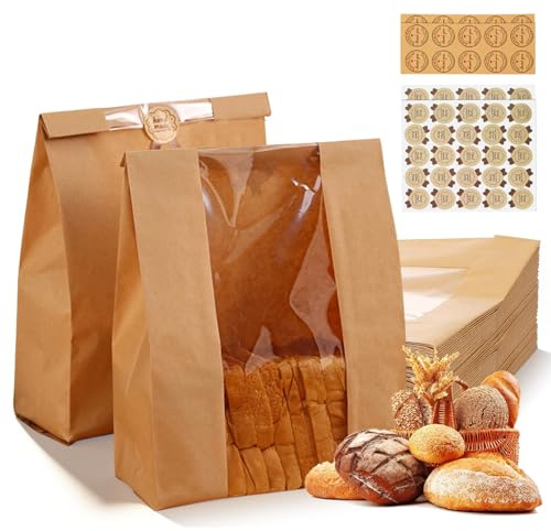 60 PCS Paper Bread Bags, Bakery Storage Bag Large Brown Paper Bags with Stickers for Homemade Sourdough Bread Sandwich Cookies 13.78 x 8.27 x 3.54 In