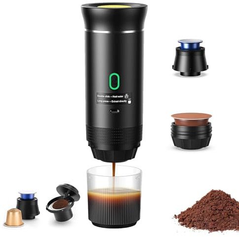 Hu7ken Travel Espresso Machine, 3-in-1 Portable Coffee Maker Self-Heating, 20 Bar, USB-C Rechargeable, Compatible with Ground Coffee & NS Capsules, for Travel Camping Hiking Office RV Car