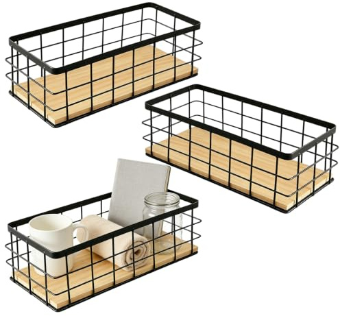 Nimblyne 3 Stück Korb Metall Abnehmbarer Holzsockel: 25 x 10 x 7.5cm Metall Badezimmer Aufbewahrungskorb, Praktisch Haushalt Wandkorb für Obst Snacks,Küche Speisekammer (Schwarz)