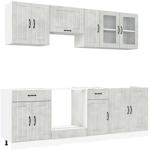 WRJENFSC Lucca - Juego de muebles de cocina modulares de 8 piezas de madera gris cemento, muebles de cocina modulares con mucho espacio de almacenamiento, incluye fregadero y horno