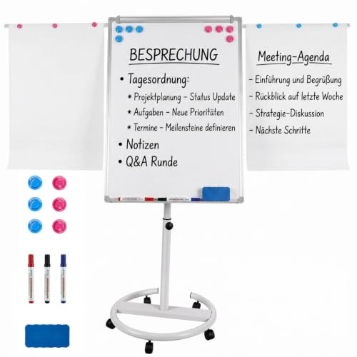 100x70cm Flipchart Ständer, Magnetische Whiteboard Mobil mit Papierklammern, Magneten auf Rollen Höhenverstellbar 157-195cm, Trocken Abwischbar, Magnetisch, für Büro Schule Zuhause