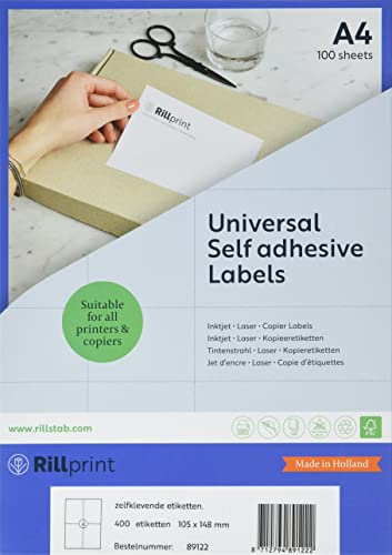 Rillprint Vielzweck Etiketten Selbstklebend - 400 Stück – 105 x 148 mm - 4 Klebeetiketten pro A4-Blatt - Bedruckbar & Abziehbar - Universal Adressaufkleber - 100 Blatt, Weiß